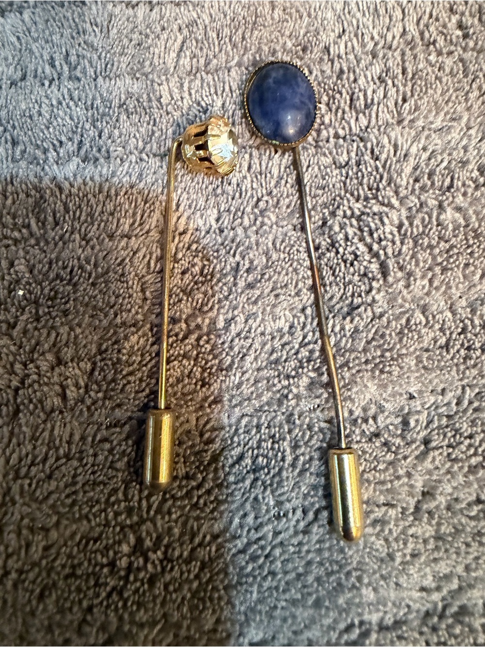 Lot of 2 Vintage Metal Hatpins Stick Pins Blue Oval Cabochon & Clear Stone